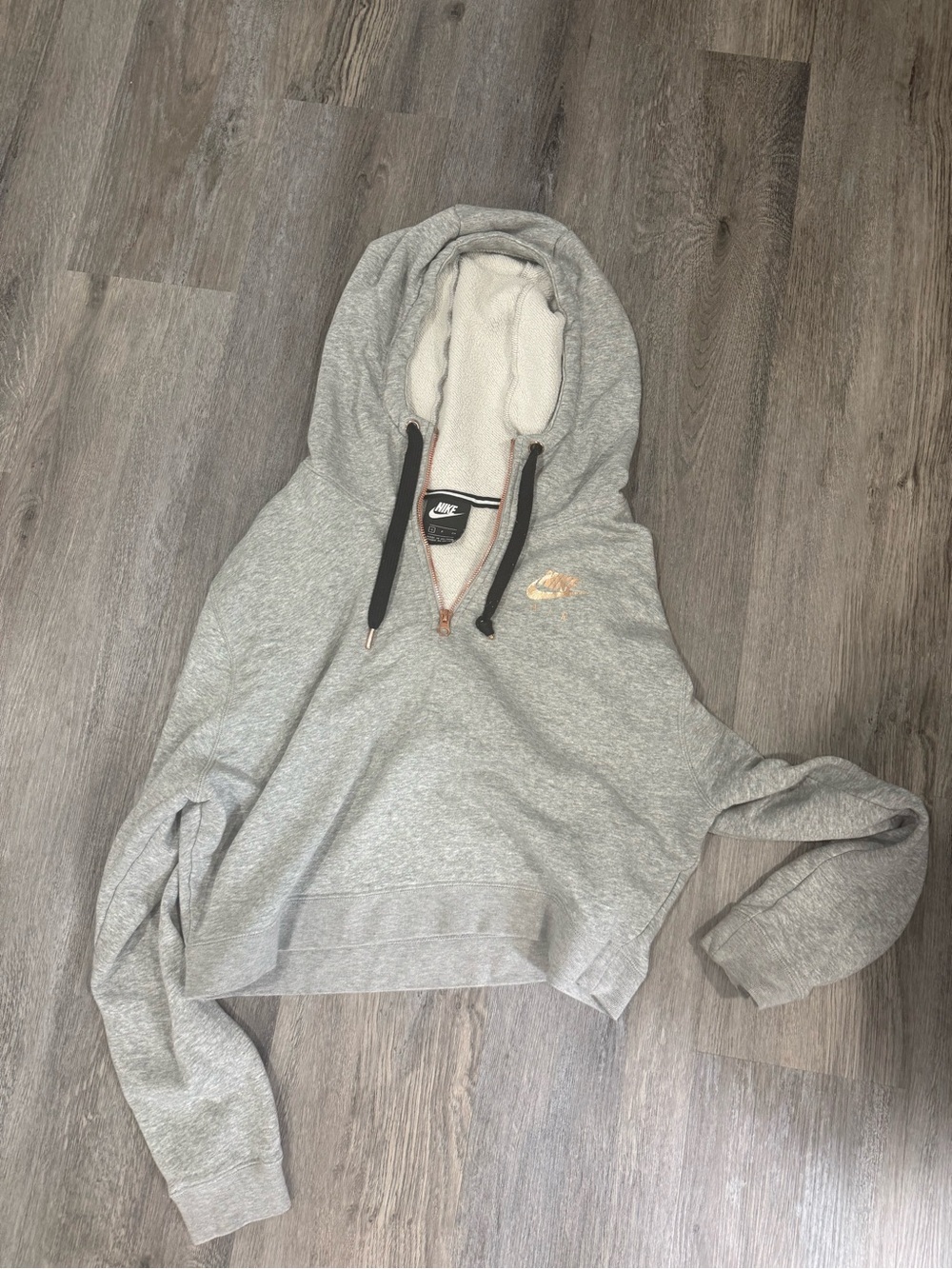 Nike Light Gray Cropped Hoodie with Gold Logo